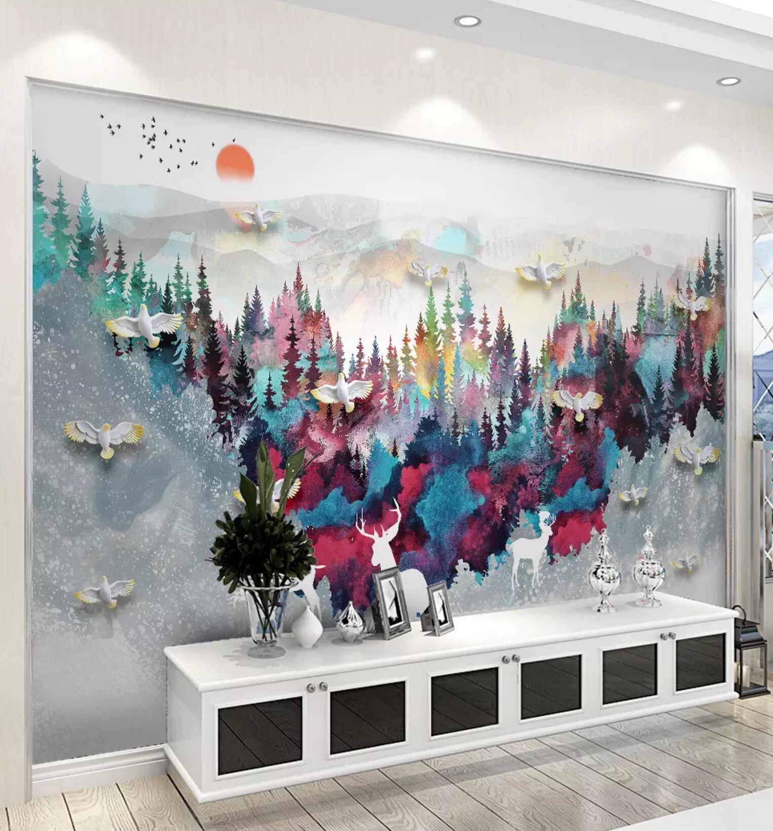3D Color Forest Deer WC513 Wall Murals