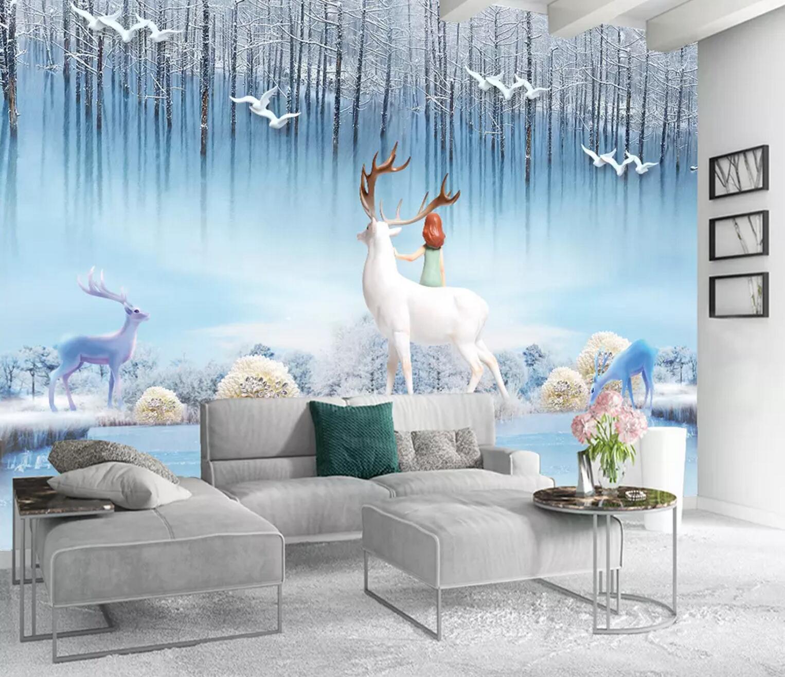 3D White Deer Dove WC586 Wall Murals