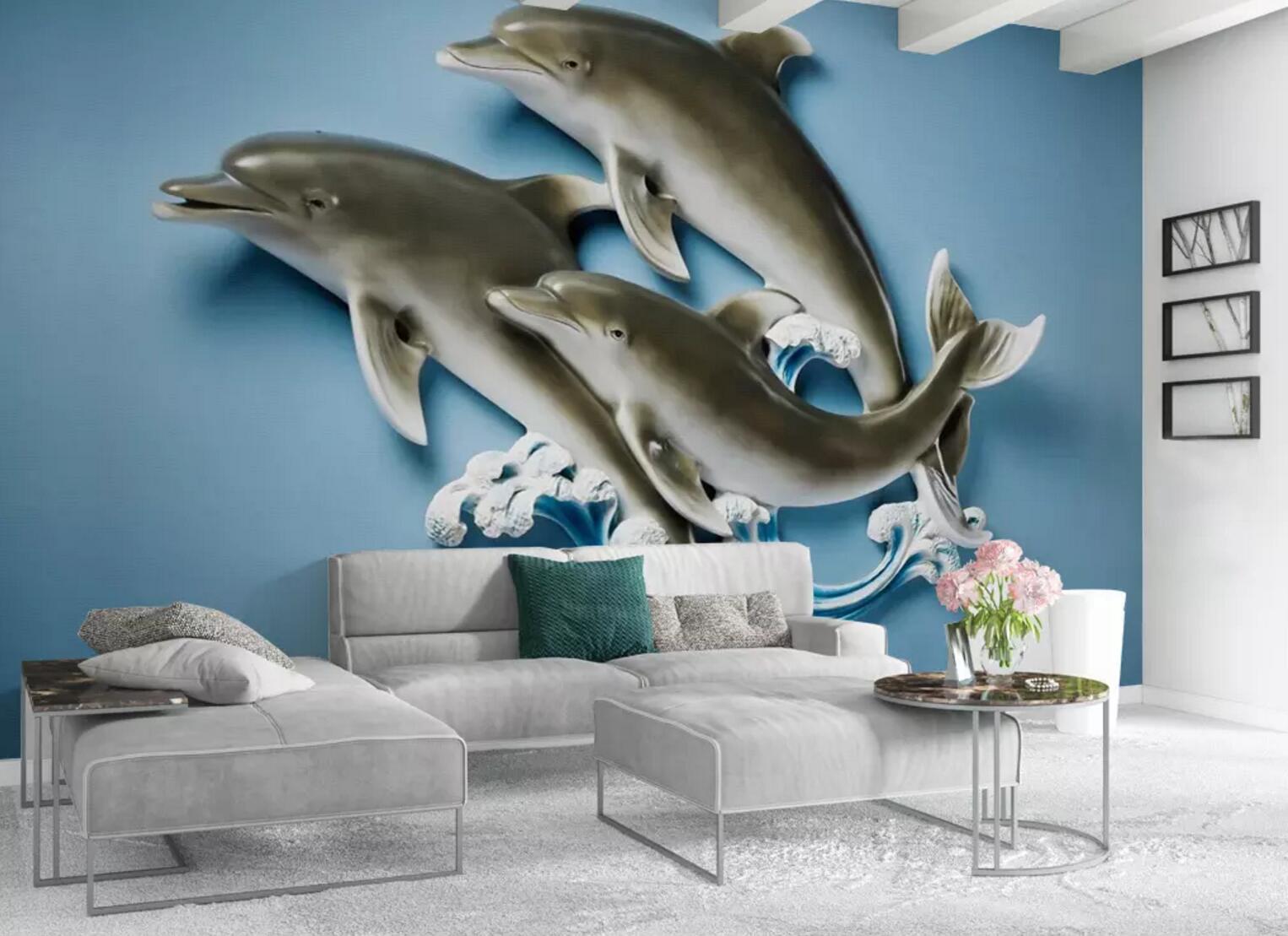 3D Relief Dolphins WC503 Wall Murals