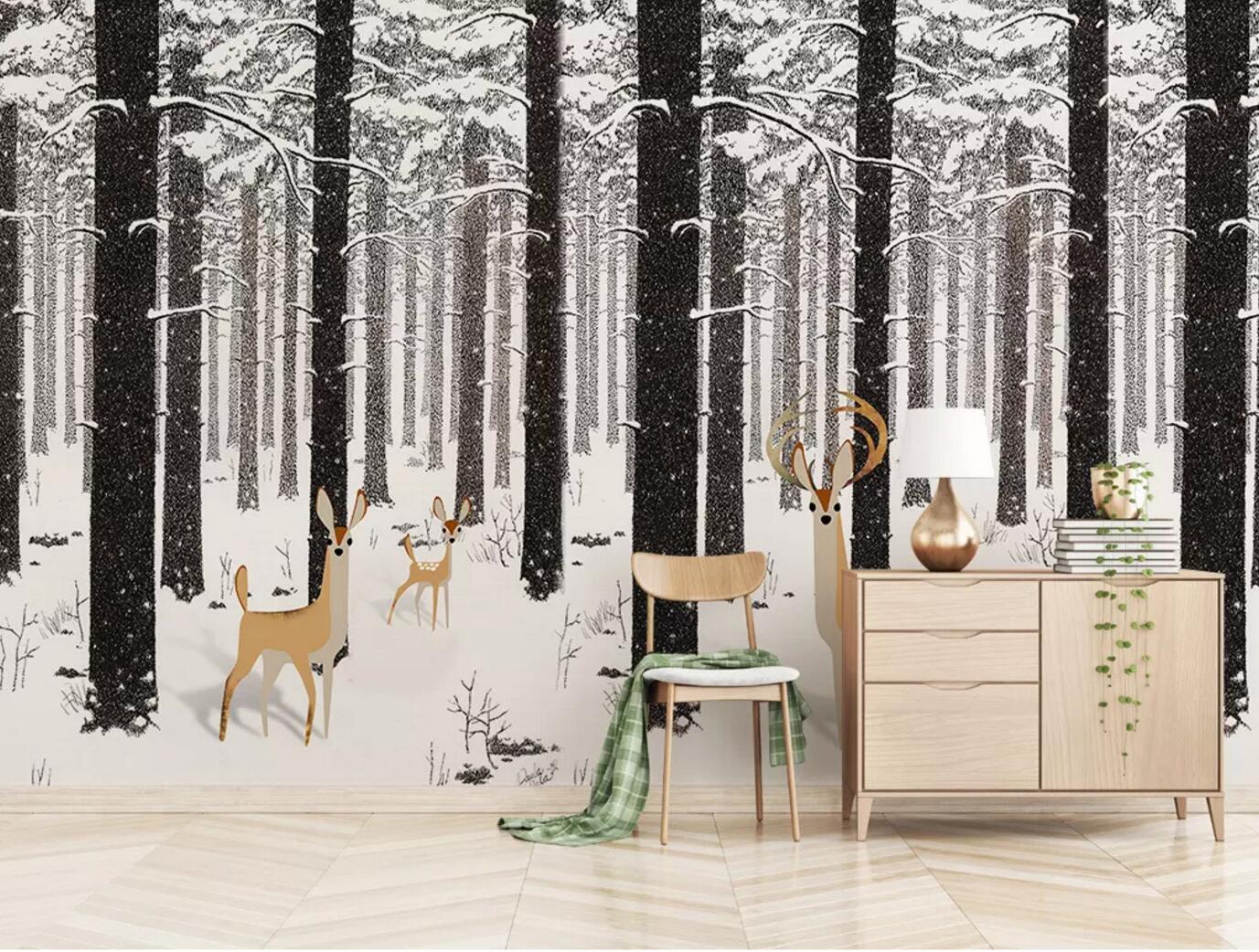 3D Snow Forest Deer WC476 Wall Murals