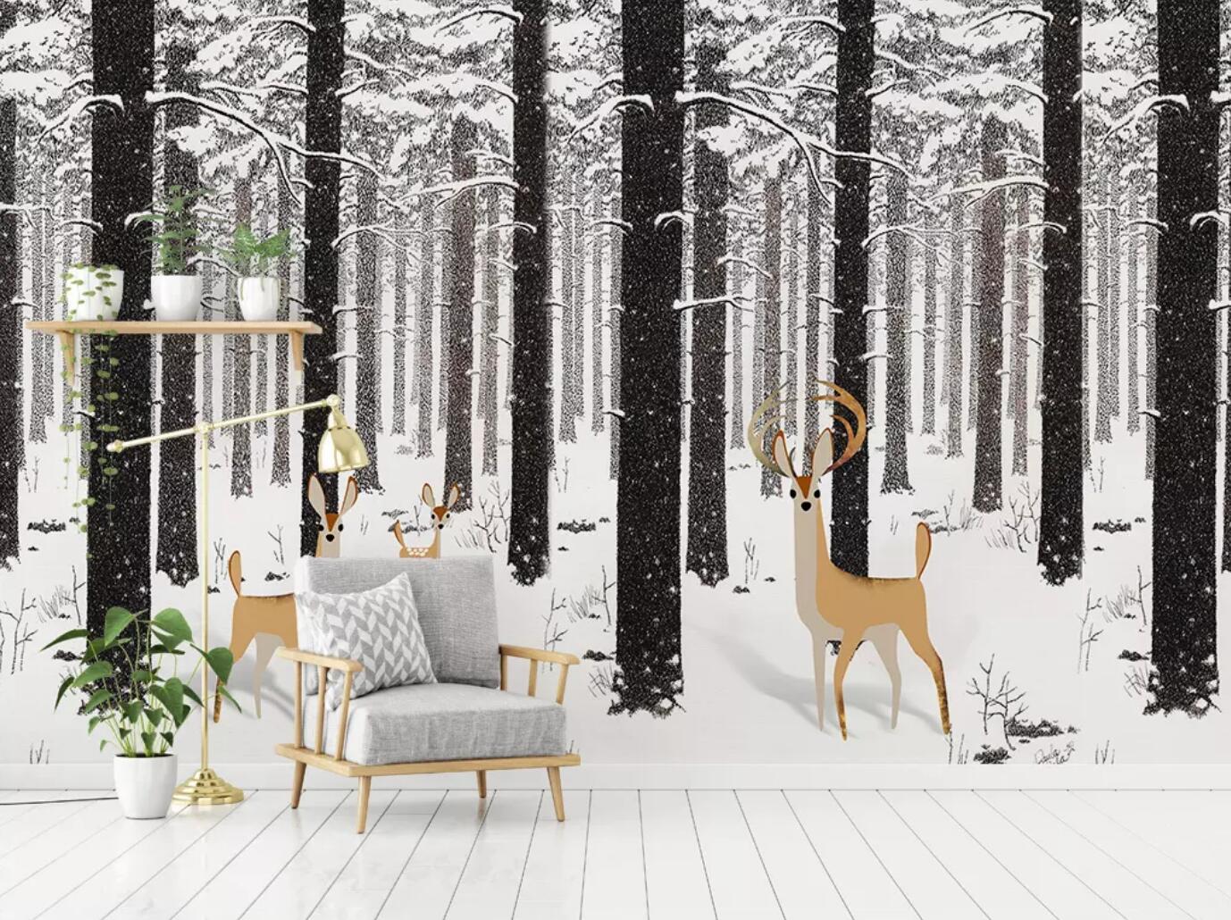3D Snow Forest Deer WC476 Wall Murals