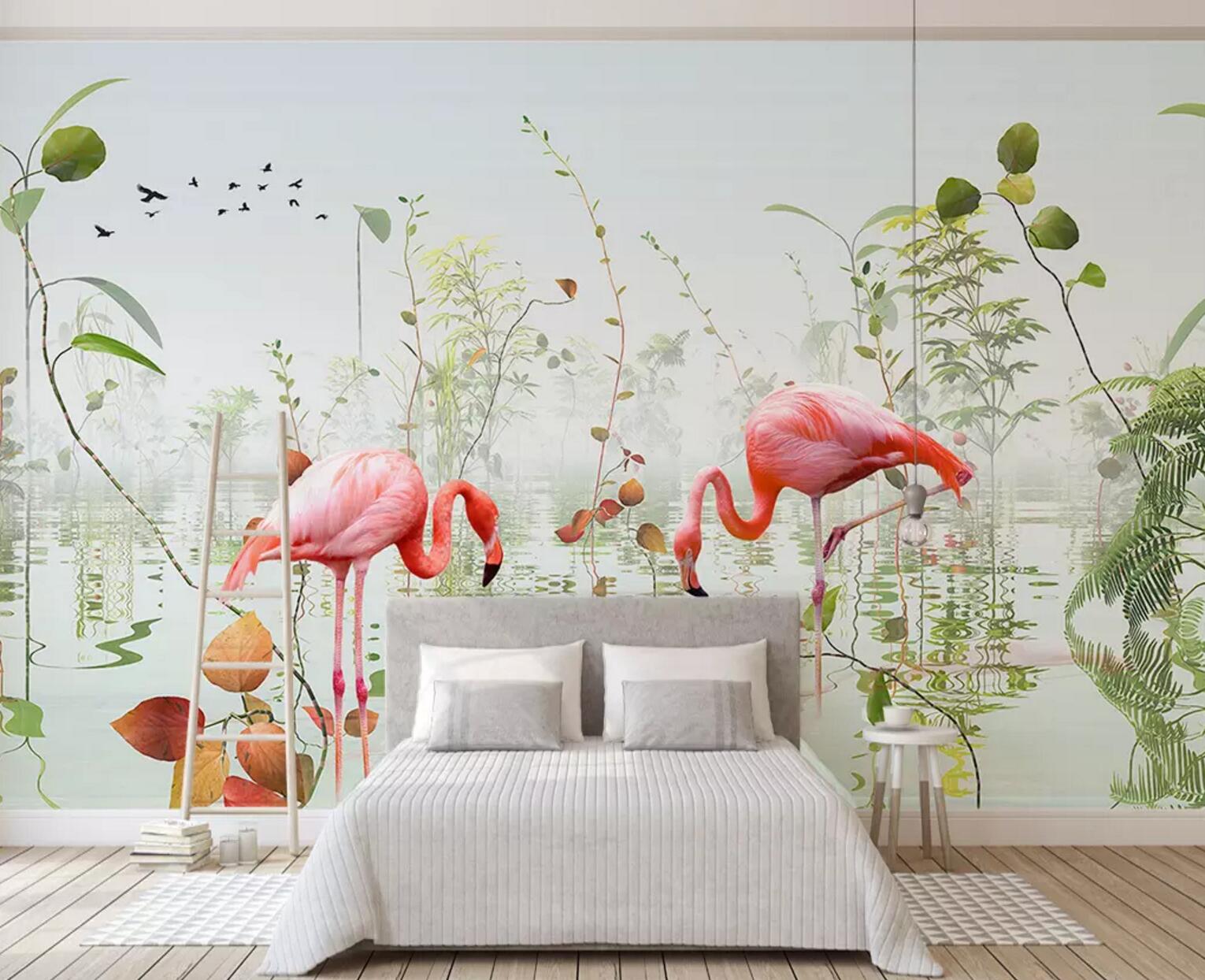 3D Flamingo River Leaves WC726 Wall Murals