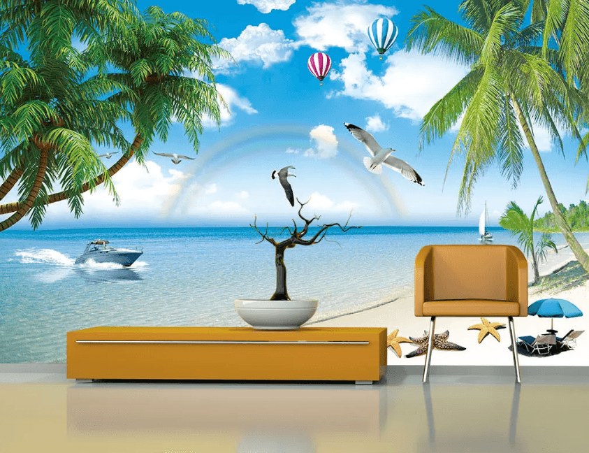 3D Beach Rainbow Seagull 1306 Wallpaper AJ Wallpaper 2