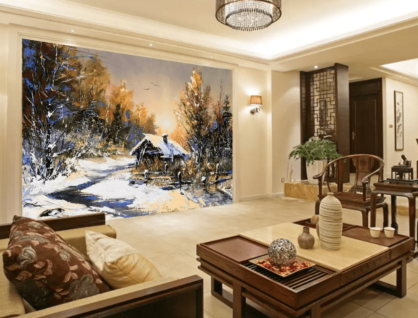 3D Oil painting Snow Cabin 1209 Wallpaper AJ Wallpaper 2