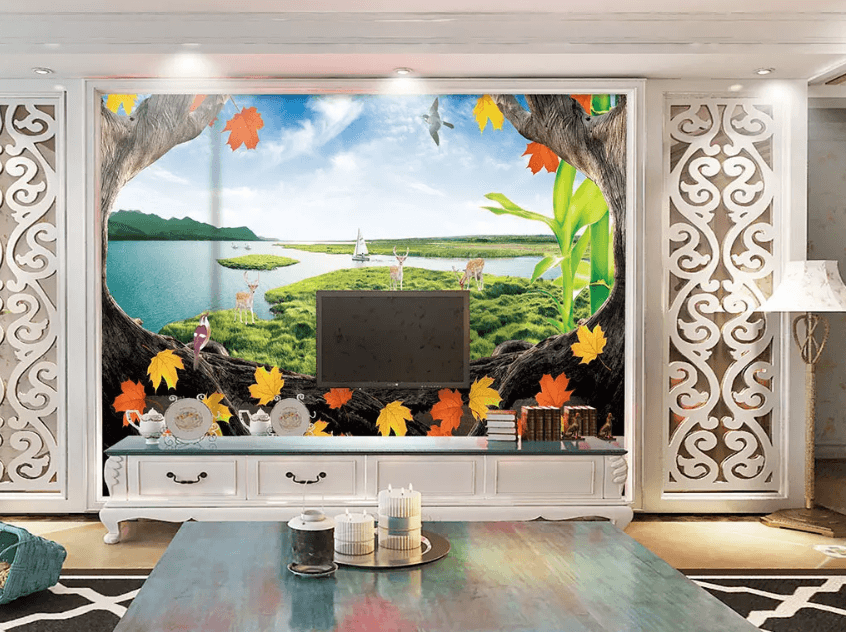 3D Tree Hole Lawn Deer 1170 Wallpaper AJ Wallpaper 2