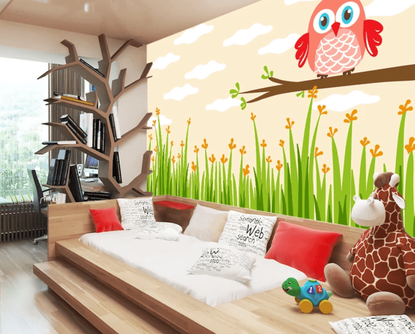 3D Grass Red Owl 921 Wallpaper AJ Wallpaper 2