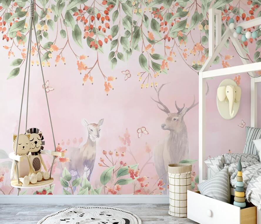 3D Flower Deer 1601 Wall Murals Wallpaper AJ Wallpaper 2