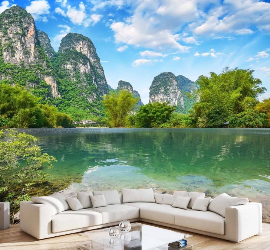 3D Green Hills And Green Water 676 Wall Murals Wallpaper AJ Wallpaper 2