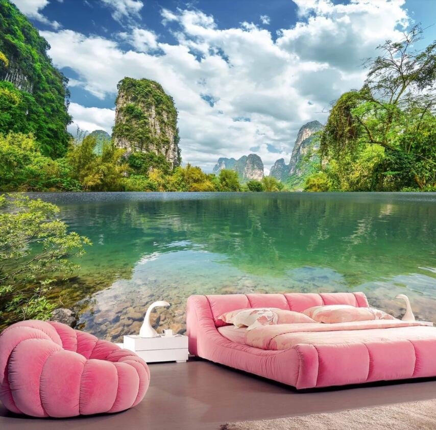 3D Green Hills And Green Water 677 Wall Murals Wallpaper AJ Wallpaper 2