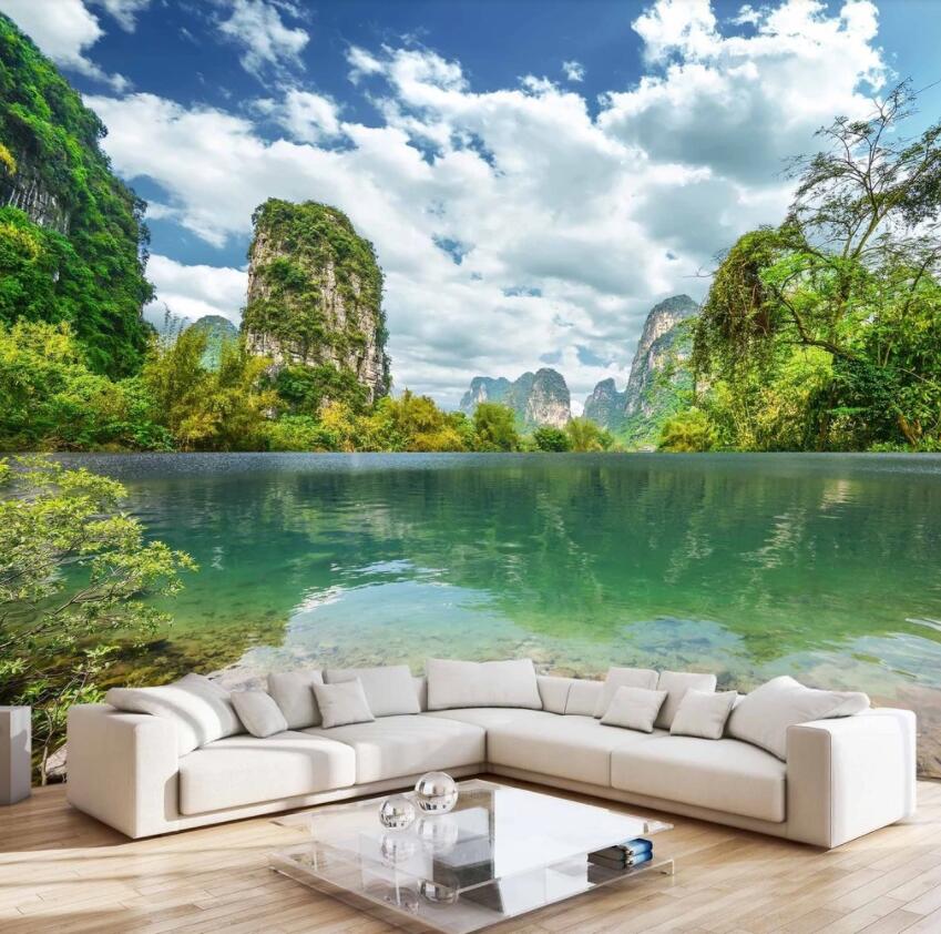 3D Green Hills And Green Water 677 Wall Murals Wallpaper AJ Wallpaper 2