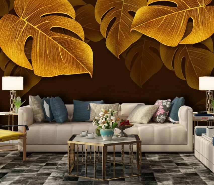 3D Golden Leaves 1970 Wall Murals Wallpaper AJ Wallpaper 2