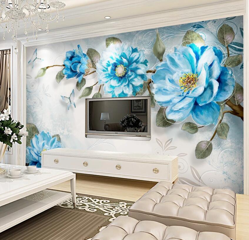 3D Blue Flowers 1439 Wall Murals Wallpaper AJ Wallpaper 2
