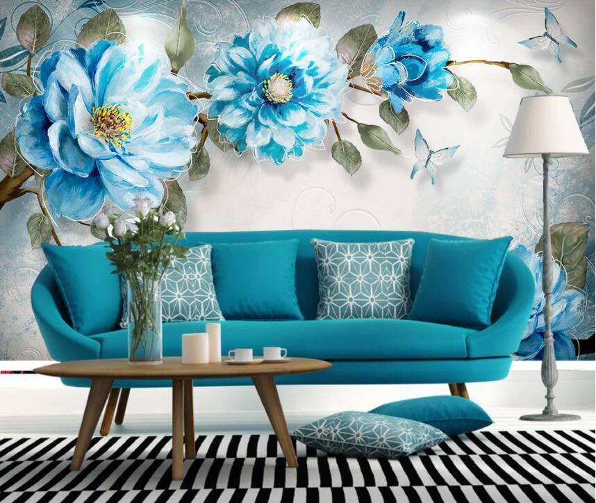 3D Blue Flowers 1439 Wall Murals Wallpaper AJ Wallpaper 2