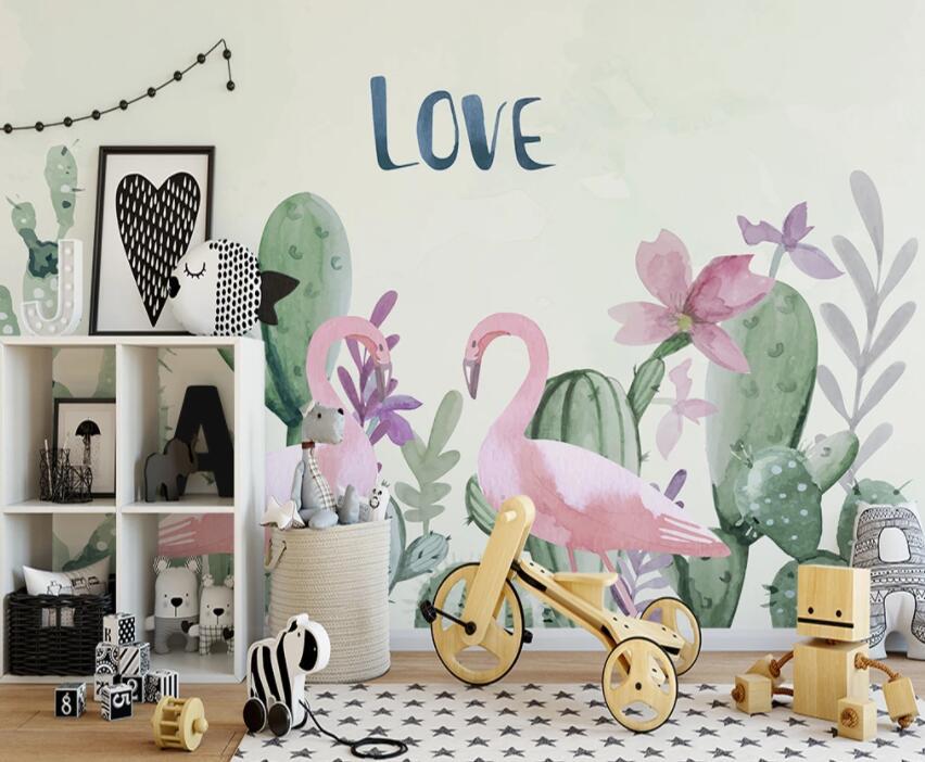 3D Cactus Flamingo 495 Wall Murals Wallpaper AJ Wallpaper 2