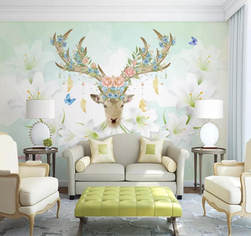 3D Elk Flowers 076 Wall Murals Wallpaper AJ Wallpaper 2