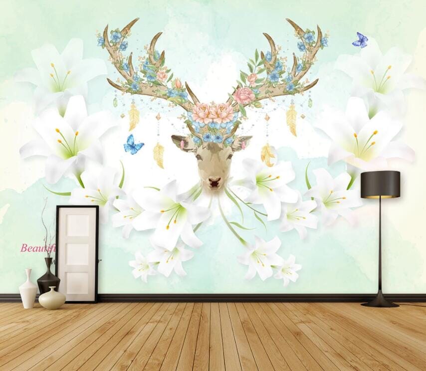 3D Flower Deer 1476 Wall Murals Wallpaper AJ Wallpaper 2
