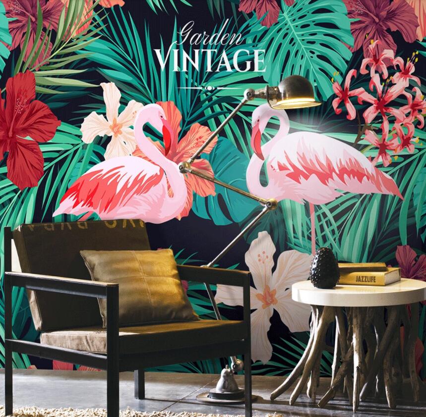 3D Flamingo Leaves 1407 Wall Murals Wallpaper AJ Wallpaper 2