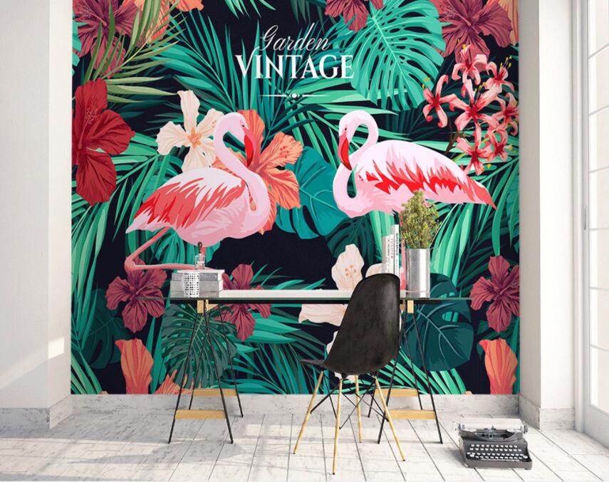 3D Flamingo Leaves 1407 Wall Murals Wallpaper AJ Wallpaper 2