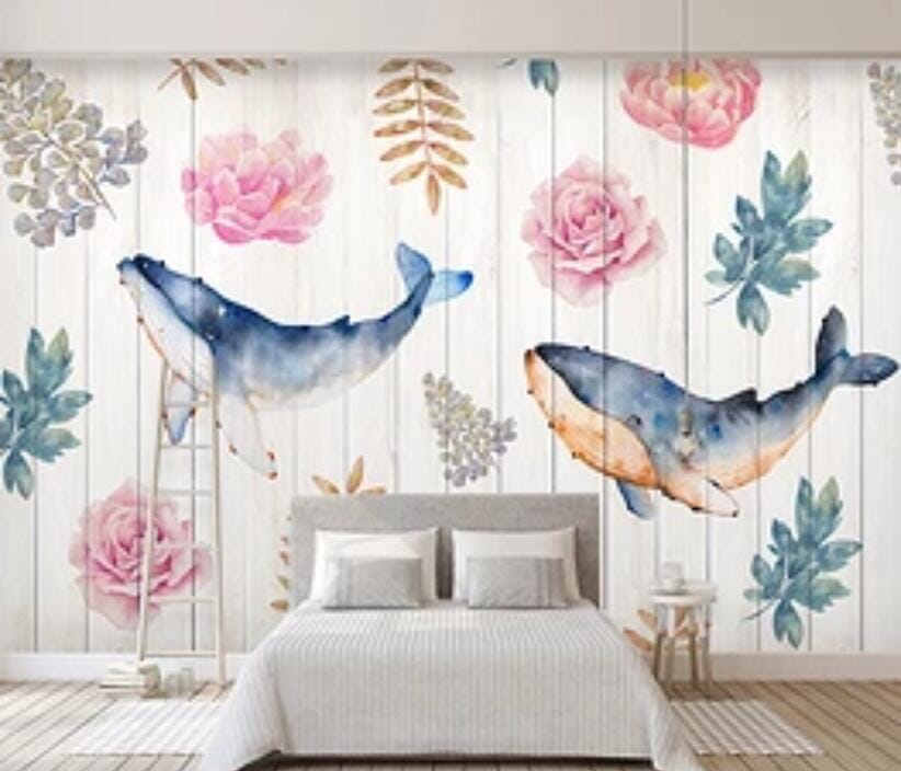 3D Flower Whale 1952 Wall Murals Wallpaper AJ Wallpaper 2