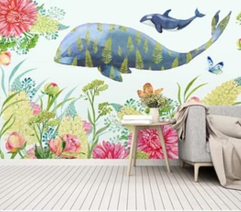 3D Flower Whale 1765 Wall Murals Wallpaper AJ Wallpaper 2