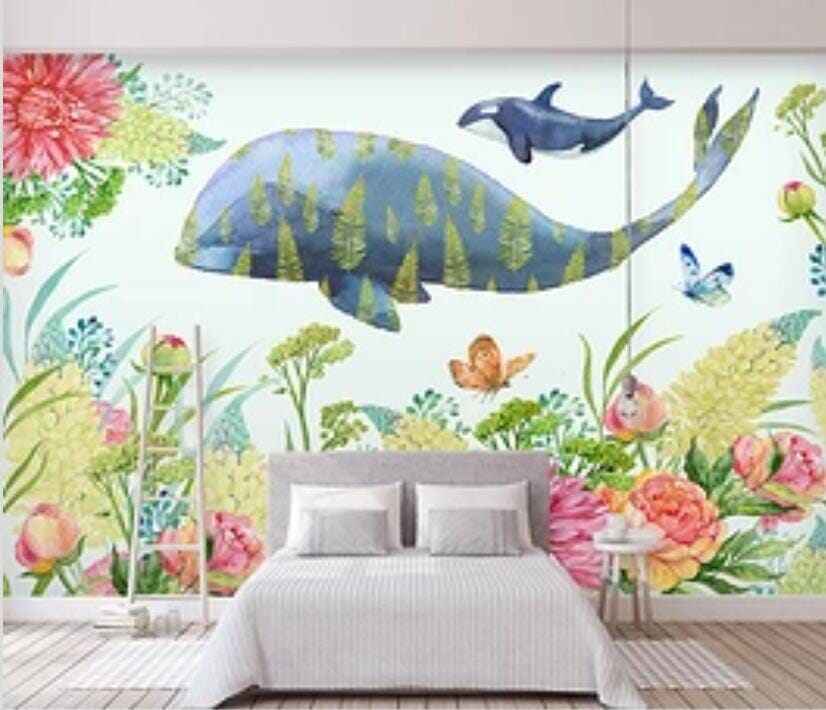3D Flower Whale 1765 Wall Murals Wallpaper AJ Wallpaper 2
