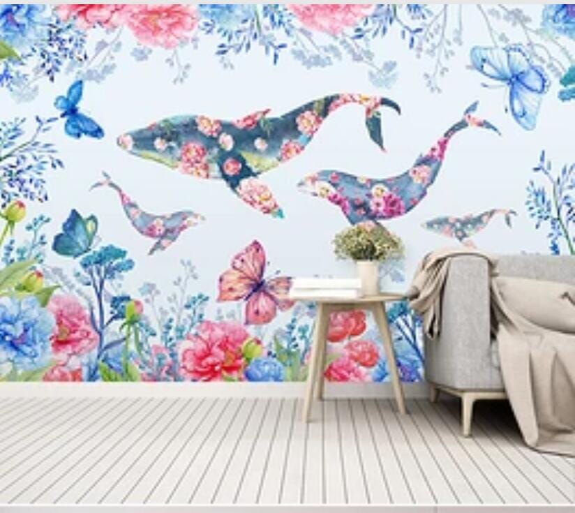 3D Flower Whale 1764 Wall Murals Wallpaper AJ Wallpaper 2