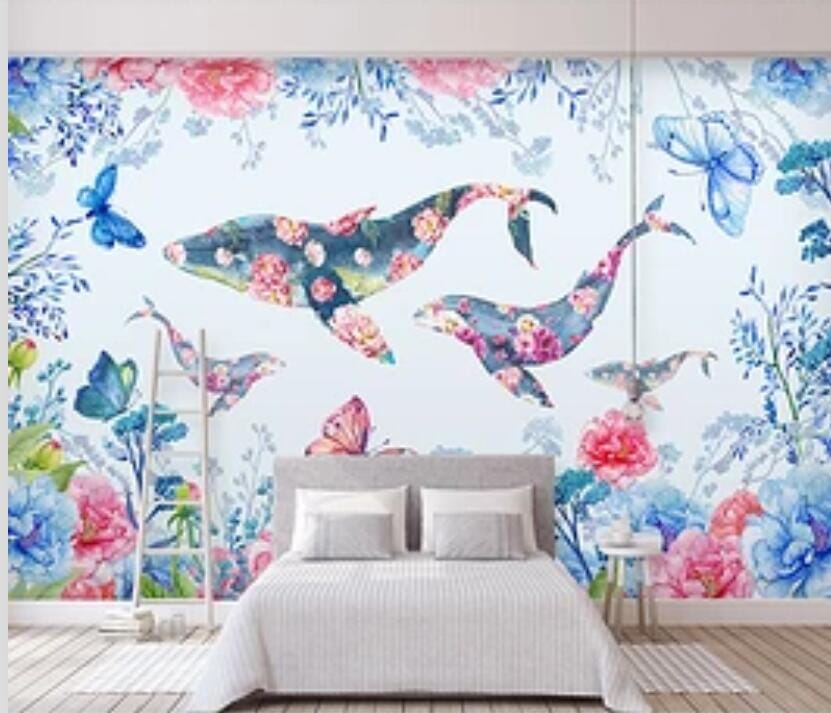 3D Flower Whale 1764 Wall Murals Wallpaper AJ Wallpaper 2