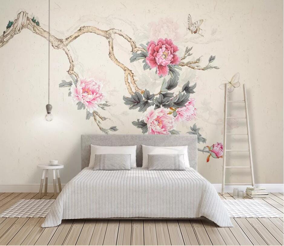 3D Peony Butterfly 2388 Wall Murals Wallpaper AJ Wallpaper 2