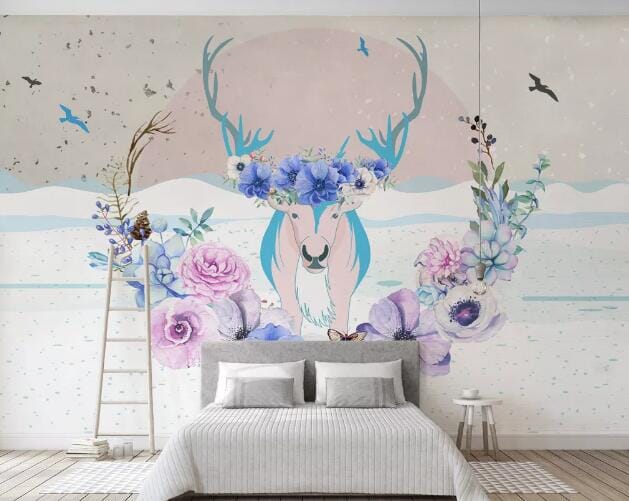3D Pink Deer Flower WC893 Wall Murals Wallpaper AJ Wallpaper 2