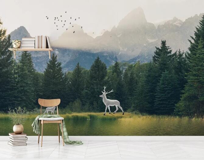 3D White Deer Forest WC752 Wall Murals Wallpaper AJ Wallpaper 2