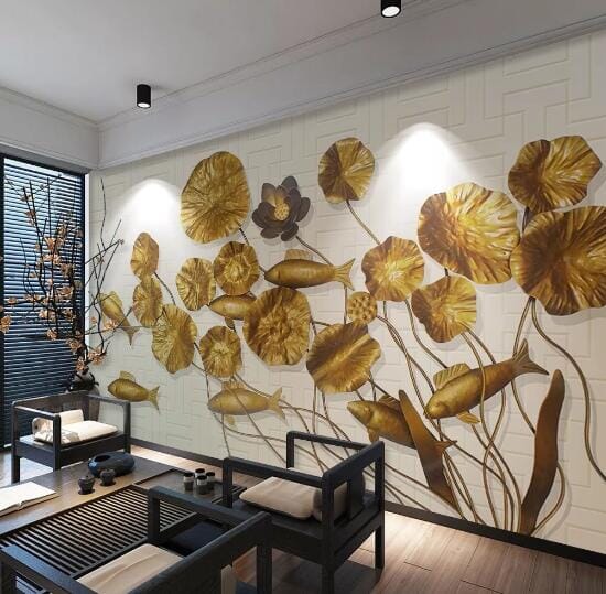 3D Golden Lotus Leaf WC556 Wall Murals Wallpaper AJ Wallpaper 2