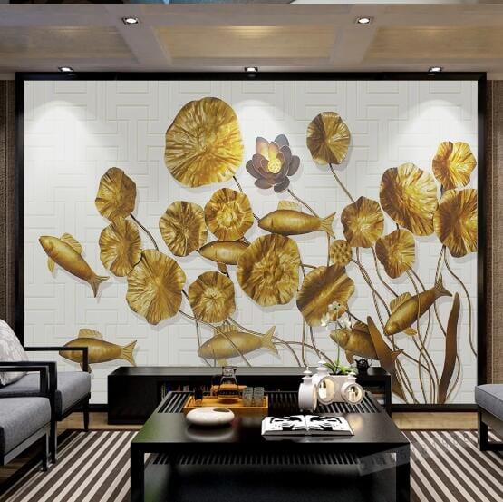 3D Golden Lotus Leaf WC556 Wall Murals Wallpaper AJ Wallpaper 2