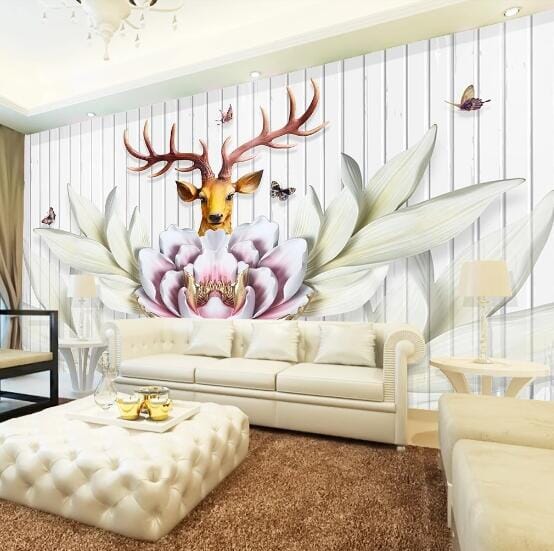 3D Deer Flower WC502 Wall Murals Wallpaper AJ Wallpaper 2