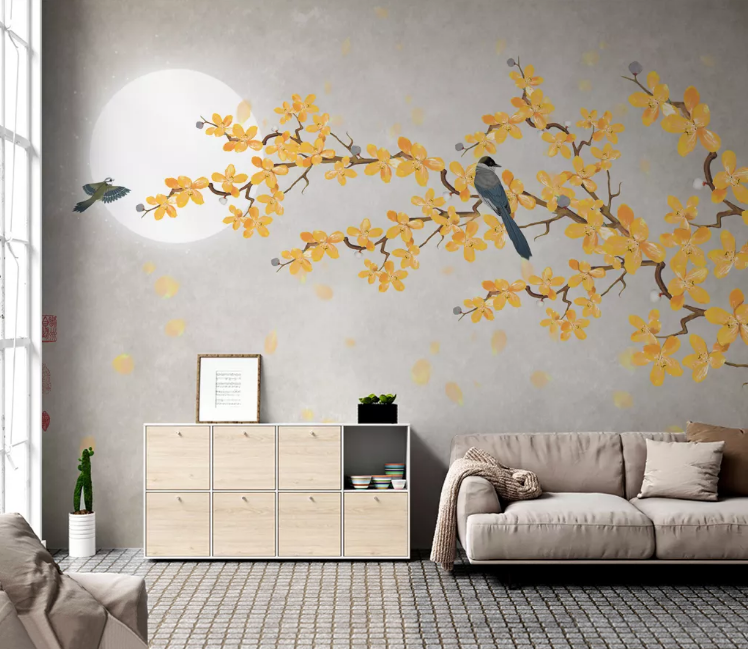 3D Yellow Flower Bird WC2475 Wall Murals