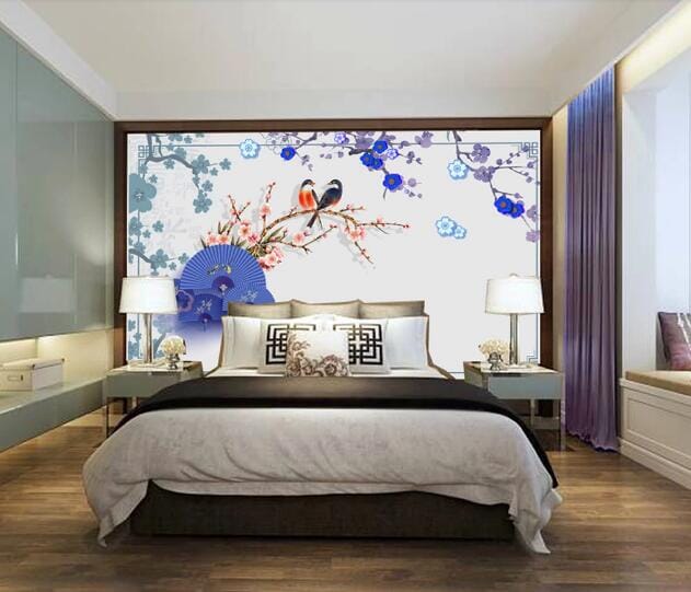 3D Blue Flower Bird WC914 Wall Murals Wallpaper AJ Wallpaper 2