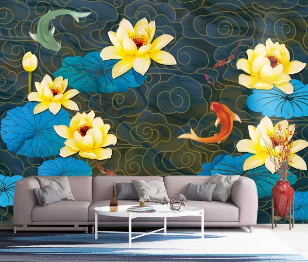 3D Yellow Lotus Goldfish WC2778 Wall Murals