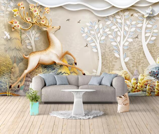 3D Golden Deer Flower WC1703 Wall Murals