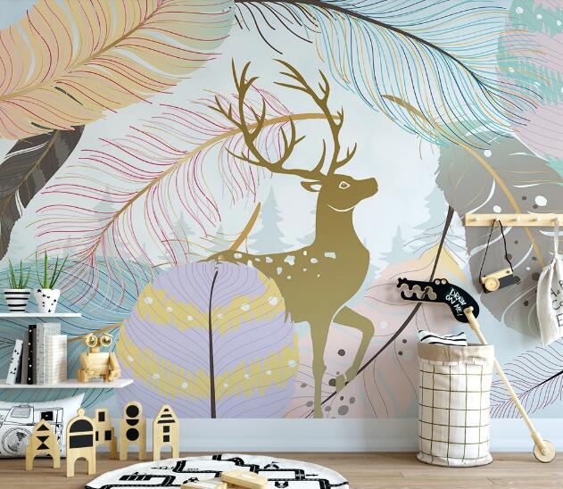 3D Sika Deer Feathers WC2743 Wall Murals