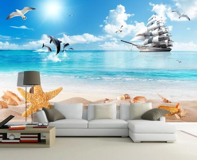 3D Seagull Dolphin WC197 Wall Murals Wallpaper AJ Wallpaper 2