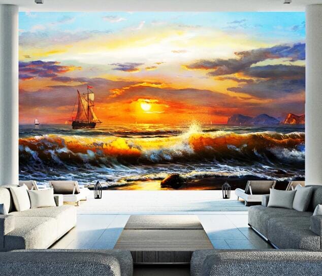 3D Sunset Wave Boat WC194 Wall Murals Wallpaper AJ Wallpaper 2