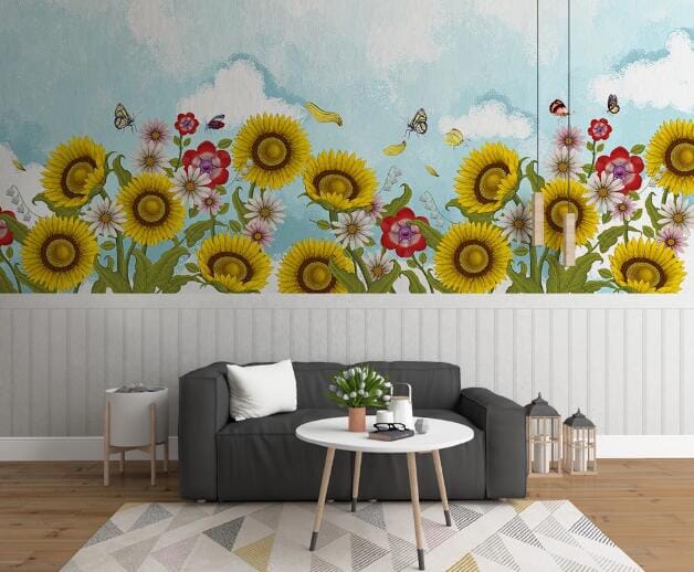 3D Sunflower Butterfly WC939 Wall Murals Wallpaper AJ Wallpaper 2