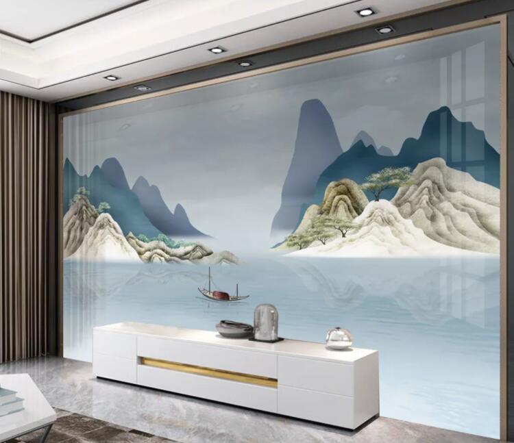 3D Sea Boat Hill WC2652 Wall Murals