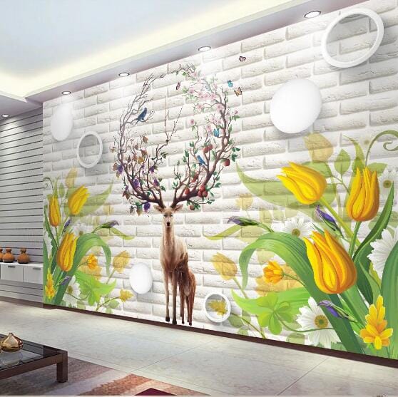 3D Tulip Deer WC243 Wall Murals Wallpaper AJ Wallpaper 2