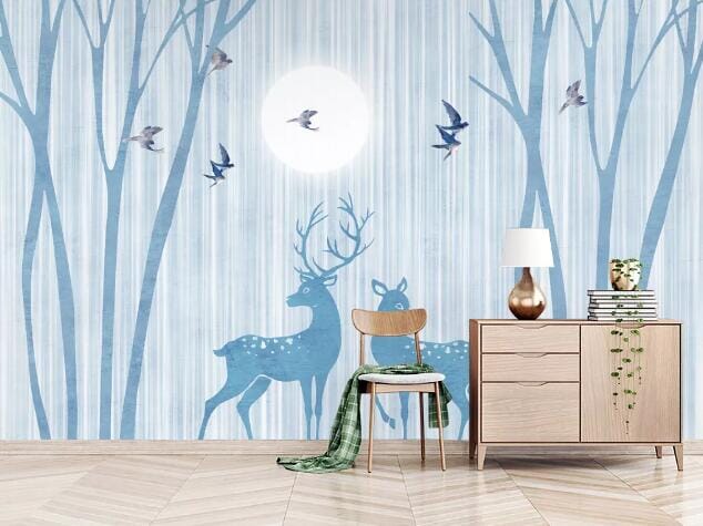 3D Blue Deer Swallow WC814 Wall Murals Wallpaper AJ Wallpaper 2