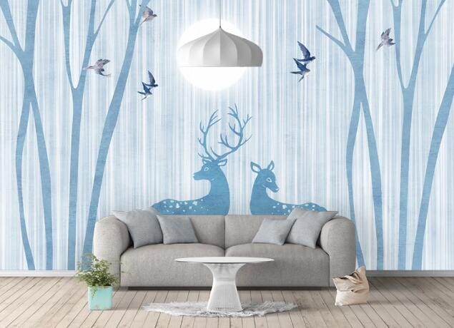 3D Blue Deer Swallow WC814 Wall Murals Wallpaper AJ Wallpaper 2