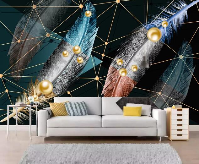 3D Golden Beads Feathers WC2313 Wall Murals
