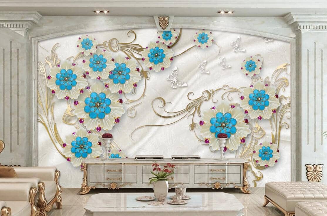 3D Blue Flower Jewelry WC267 Wall Murals Wallpaper AJ Wallpaper 2