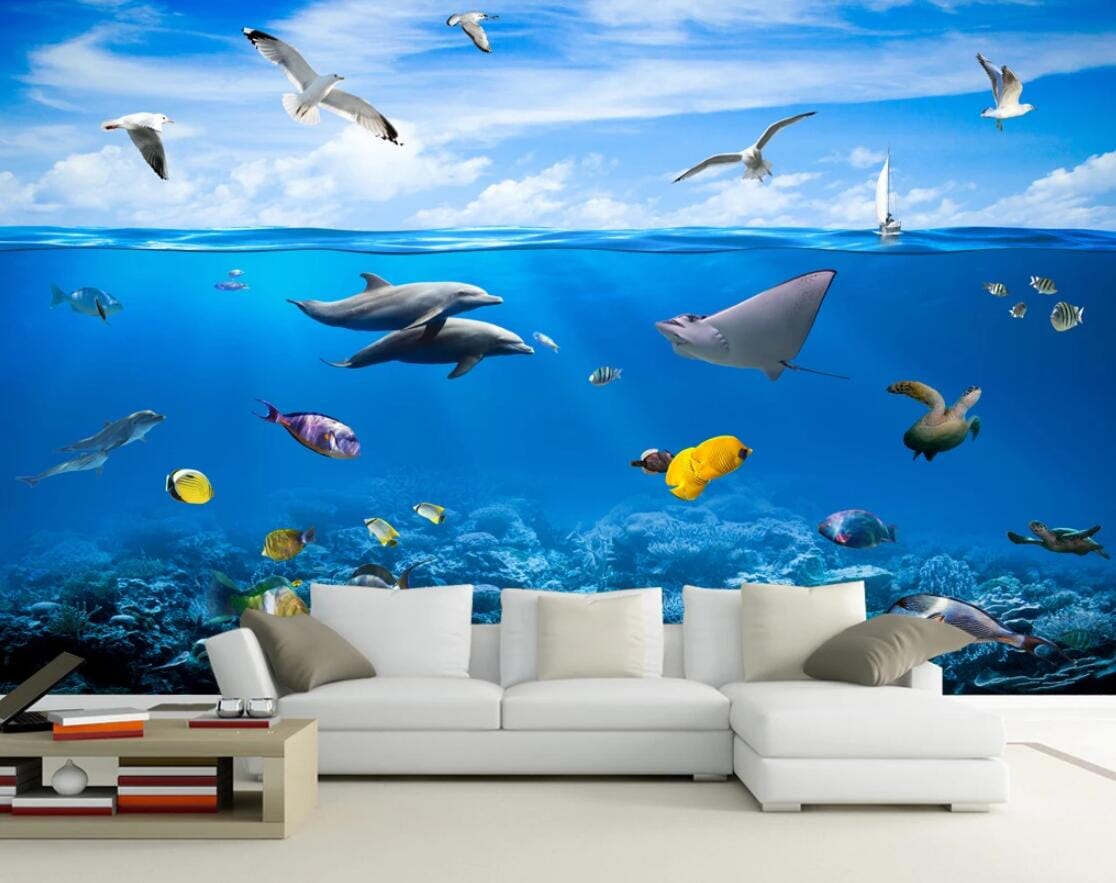 3D Dolphin Fish Seagull WC219 Wall Murals Wallpaper AJ Wallpaper 2