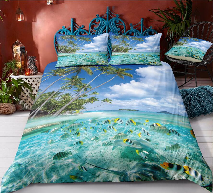 3D Sea Fish Coconut Tree 1101 Bed Pillowcases Quilt