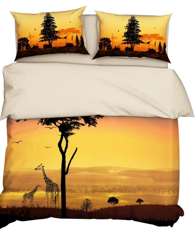 3D Grassland Giraffe Tree 9901 Bed Pillowcases Quilt